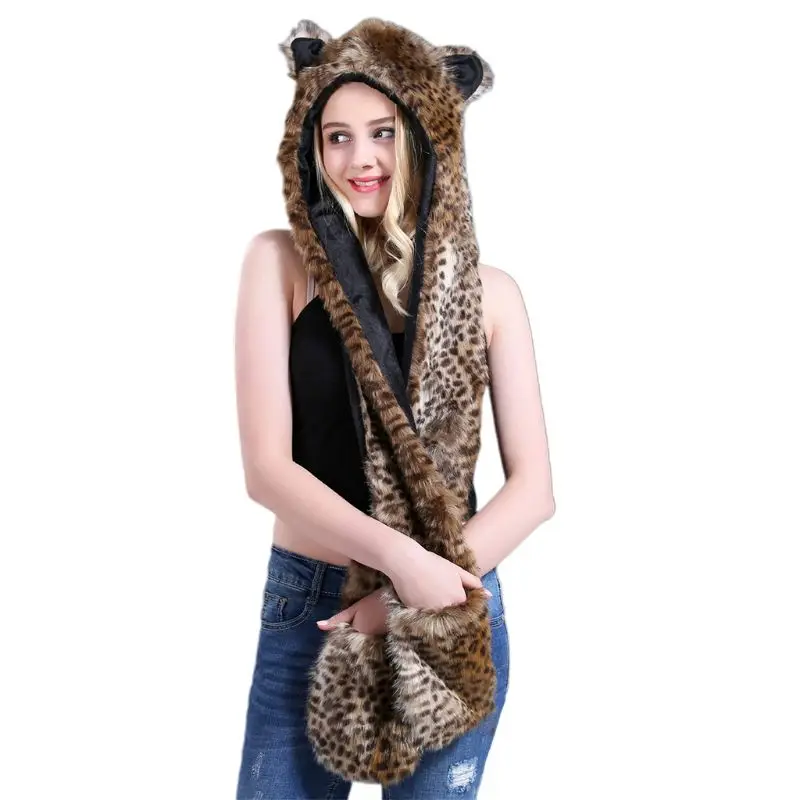 3 в 1 женский и мужской Пушистый Плюшевый животный волк Леопард капюшон шарф шапка с лапами Варежки перчатки утолщенные Зимние Теплые ушанки шапка бомбер - Цвет: 14