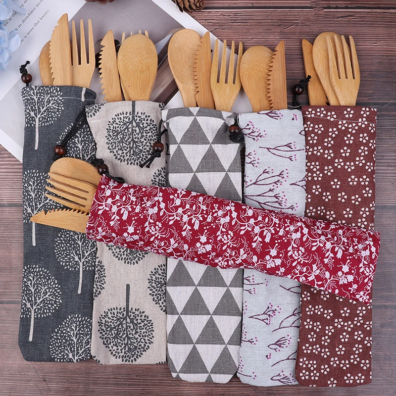 1PC Reusable Retro Wooden Bamboo Cutlery Flatware Dinnerware Spoon Fork Chopsticks Portable Dinnerware
