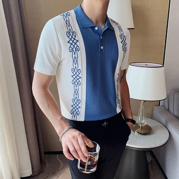 

Maglietta Polo Uomo Hommes De Vêtements Men's Short-sleeved Knitted Polo Shirt Chinese Style Contrast Color British Slim Lapel