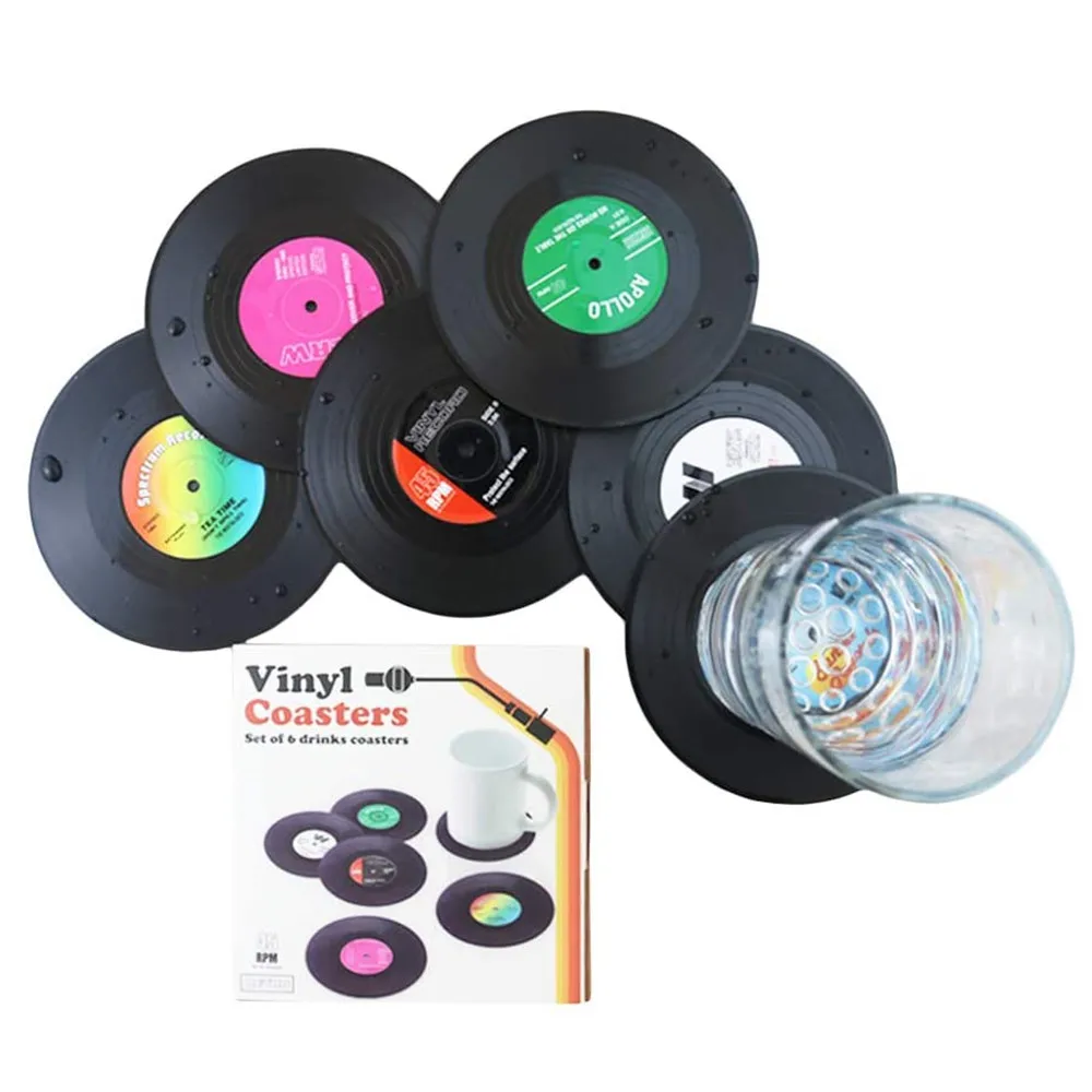 6 Pcs Vinyl Record Table Mats Drink Coaster Table Placemat Creative Coffee Mug Cup Coasters Heat-resistant Non-slip Pads