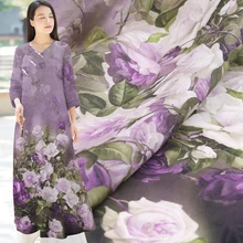 Фиолетовый розовый принт натуральный шелк ткань с льняным платьем материал тутового шелка