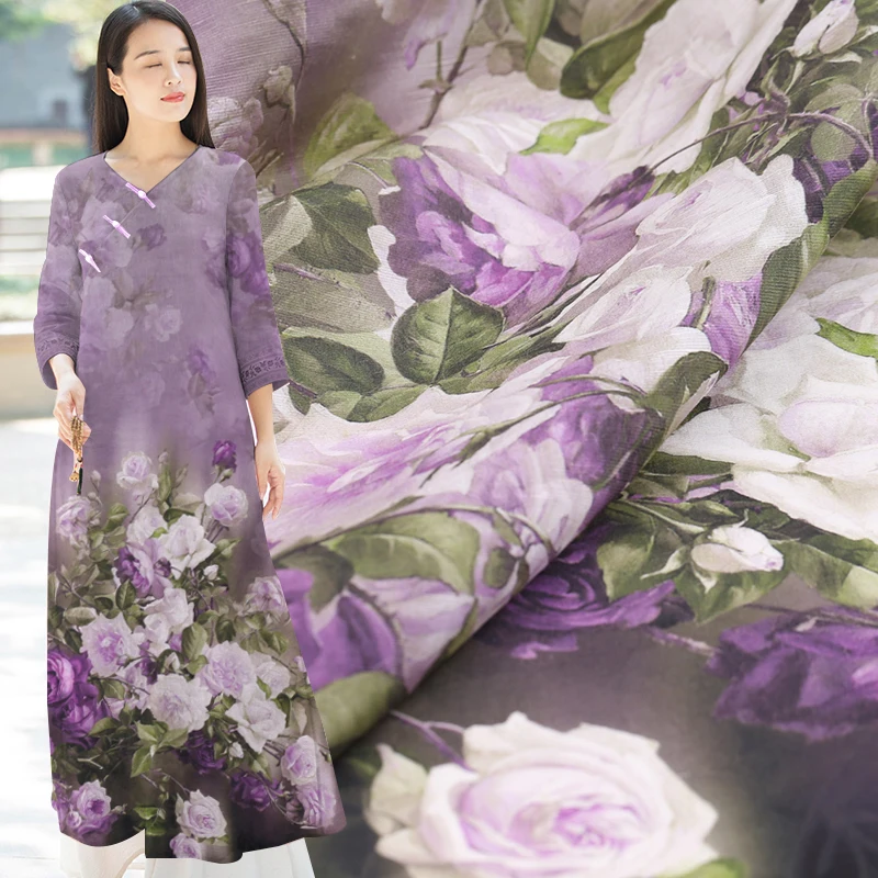 

Purple Rose Print Natural Silk Fabric With Linen Dress Material Mulberry Silk