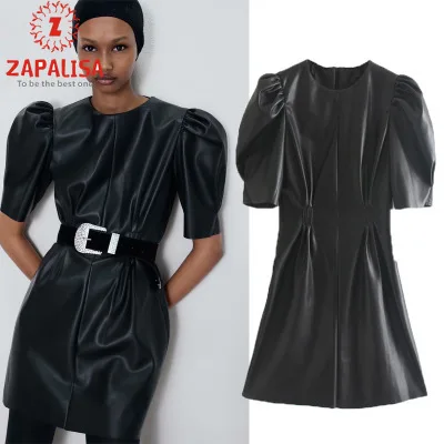 Женское платье из искусственной кожи Zapalisa черное элегантное с тонкой талией и
