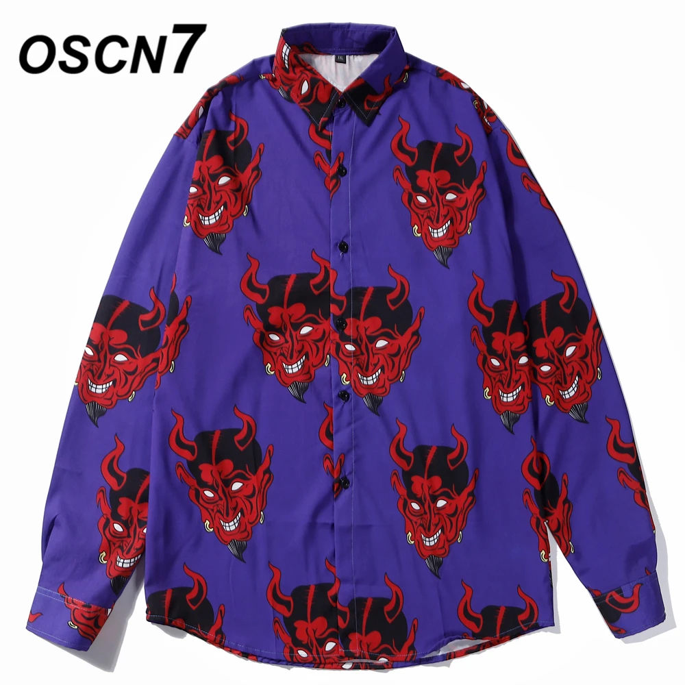 OSCN7 Casual Printed Long Sleeve Shirt Men High High Streetwear 2019 Fall Women Shirt Retro Shirts Harujuku Mens Shirt