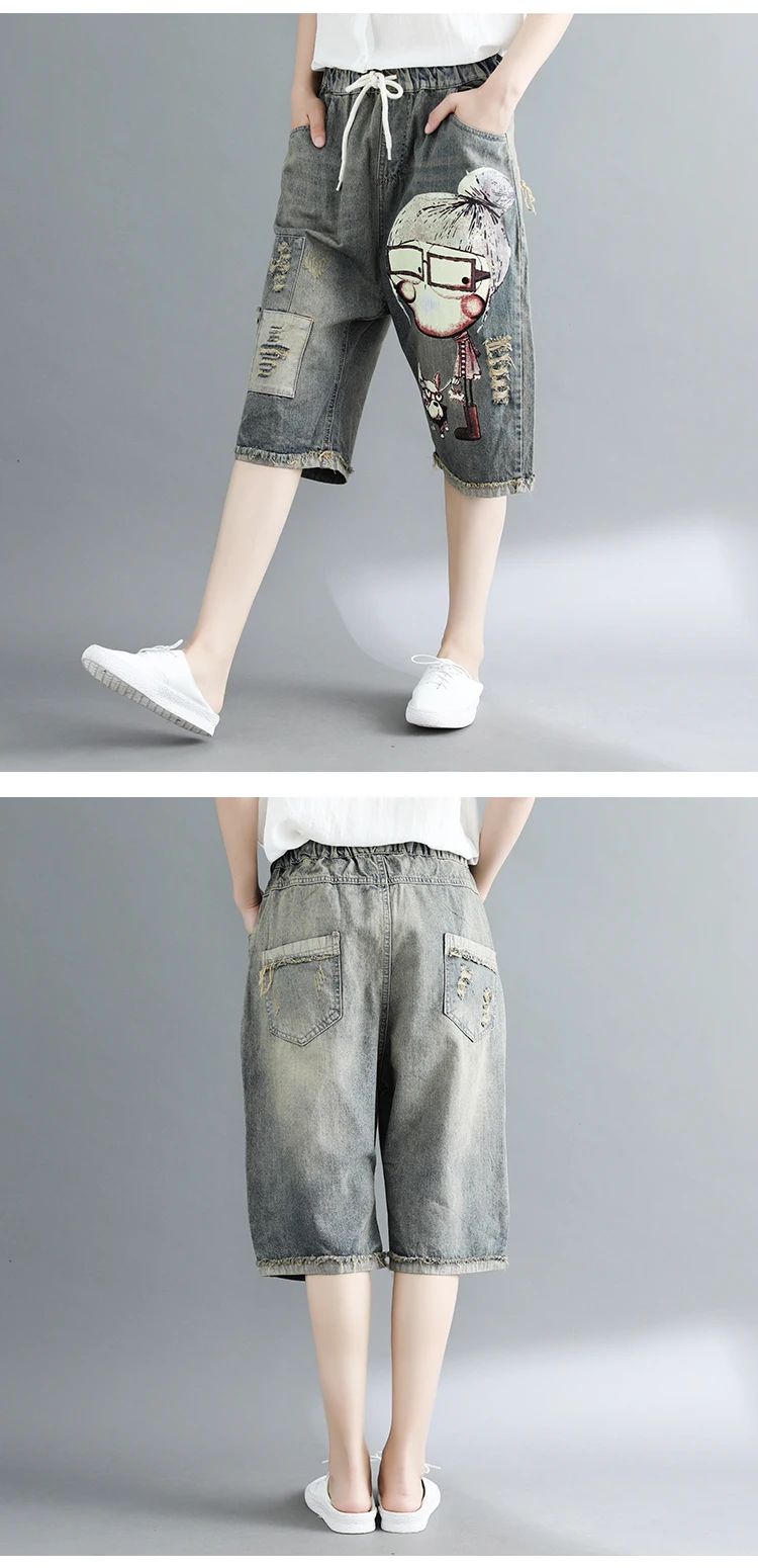 Qian He/летние свободные и обтягивающие короткие джинсы в Корейском стиле для девочек, размер плюс