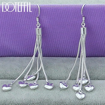 DOTEFFIL 925 Sterling Silver Five Heart Snake Chain Long Drop Earrings For Women Wedding Engagement Party Fashion Jewelry