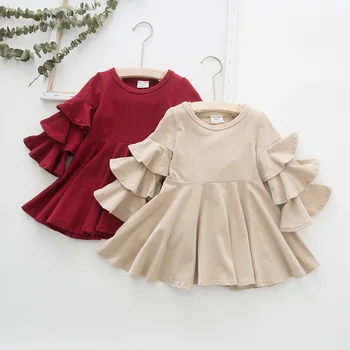 

WLG girls cute dresses kids beige red ruffle long sleeve dress baby girl autumn princess dresses