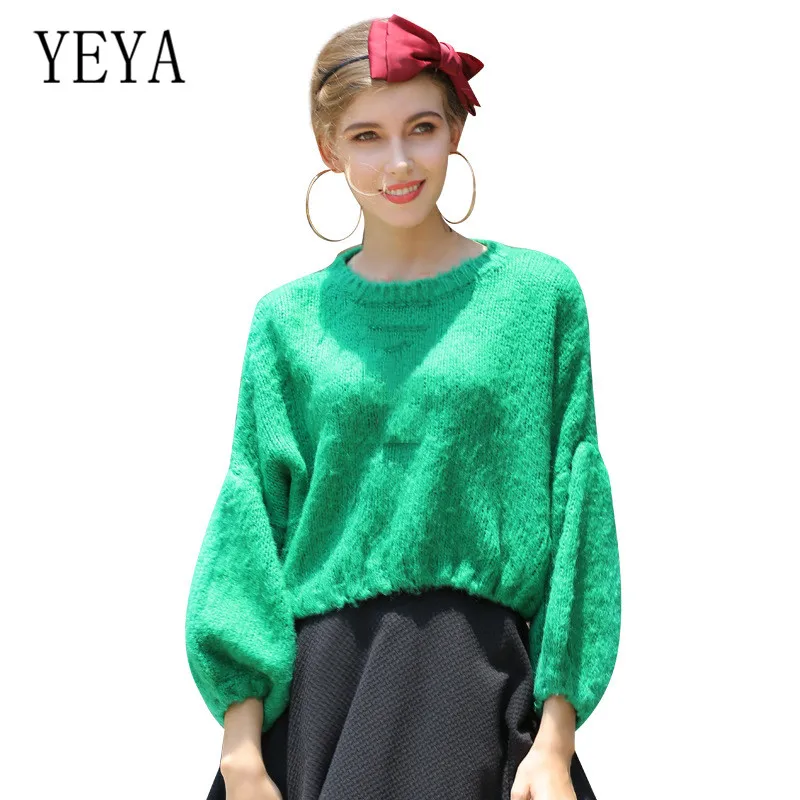 

YEYA Autumn Elegant Sweaters and Pullovers Korean Style Casual Crop Sweater Women's Sweet Puff Sleeves Mohair Sweater Mujer