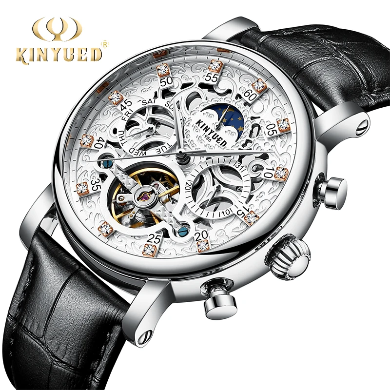 

KINYUED Classic Skeleton Watch Men Automatic Tourbillon Mens Mechanical Wristwatch Leather Moon Phase Calendar Male Clock