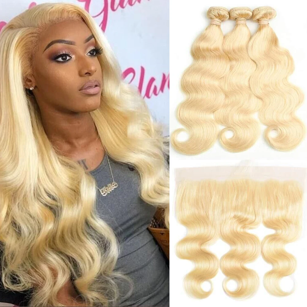 Body Wave 613 Bundles With Frontal Blonde Brazilian Human Hair Lace Closure 3 13x4 | Шиньоны и парики