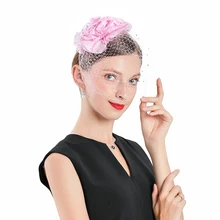 

New Fascinator Big Rose Flower Wedding Women Hats For Elegant Fedora Woman Veil Pink Church Cocktail Party Prom Girl child Cap