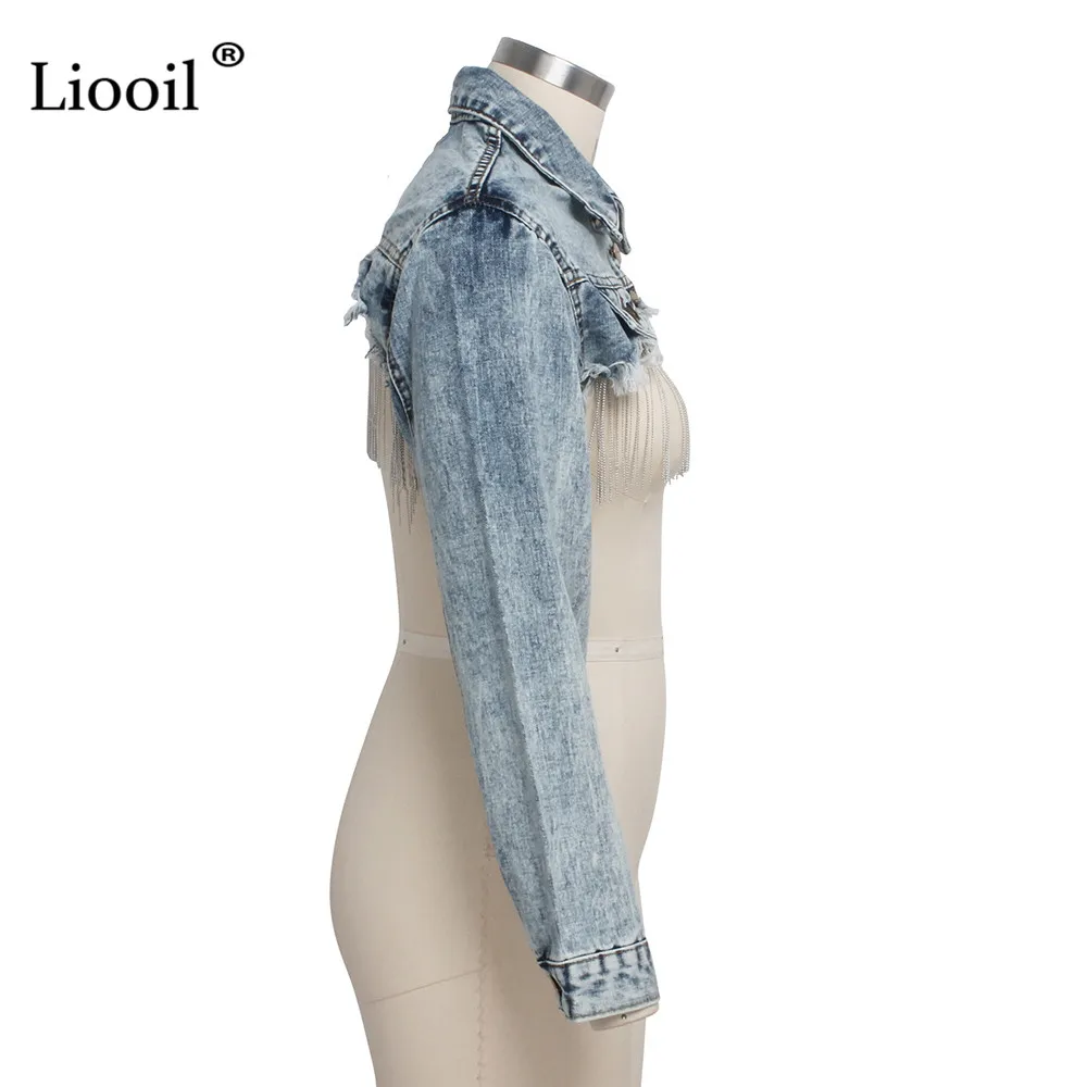 Liooil, сексуальные синие винтажные короткие свободные джинсовые пальто и куртки с кисточками, женская уличная джинсовая куртка с длинным рукавом на пуговицах