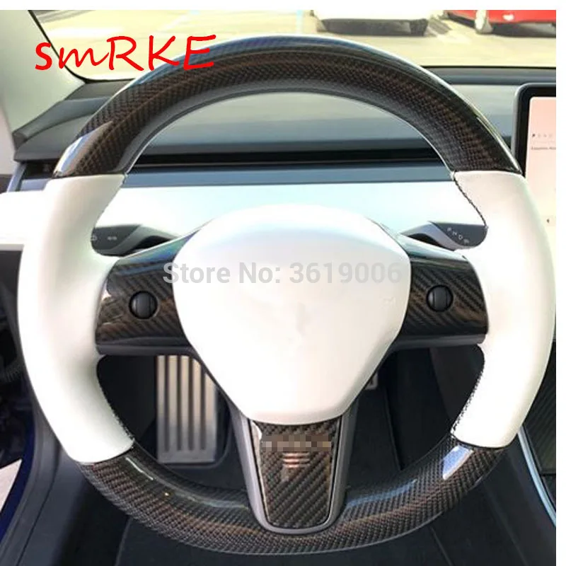 

For Tesla Model 3 DIY Hand-stitched Car Steering Wheel Cover Carbon Fibre White Leather