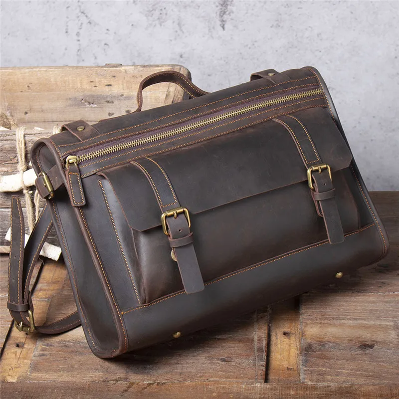 

Simple retro men's genuine leather briefcase top layer cowhide messenger bag crazy horse leather large capacity shoulder bag