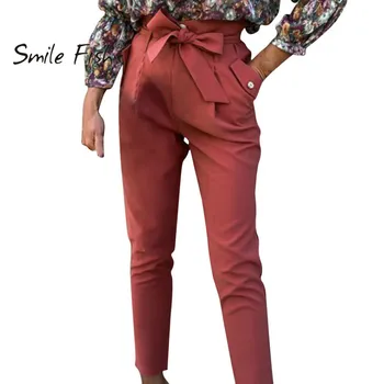 

Female High Waist Harem Pants Women Fashion Pants Casual Harajuku Long Trousers Sashes Plus Size Ankle Length Solid Red G1478