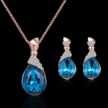 

L31 Woman Blue Crystal Zircon Necklace Earring Set Alloy Necklace Earring Set Jewelry Wedding Jewelry Set