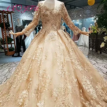 AXJFU роскошное Золотое кружевное свадебное платье принцессы с цветами винтажное свадебное платье с бисером и кристаллами настоящая фотография 57780 - Цвет: O neck