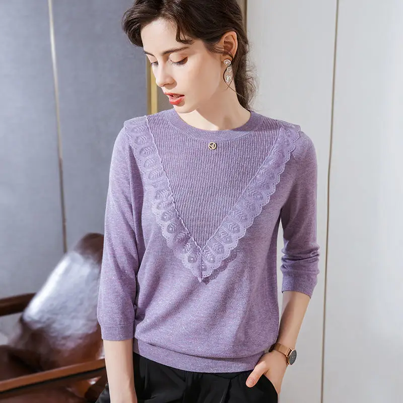 

2020 Autumn New Knit Sweater Stitching Lace Bright Silk Sweater Three-Quarter Sleeve Wool nitted Glitter Silk Top Women