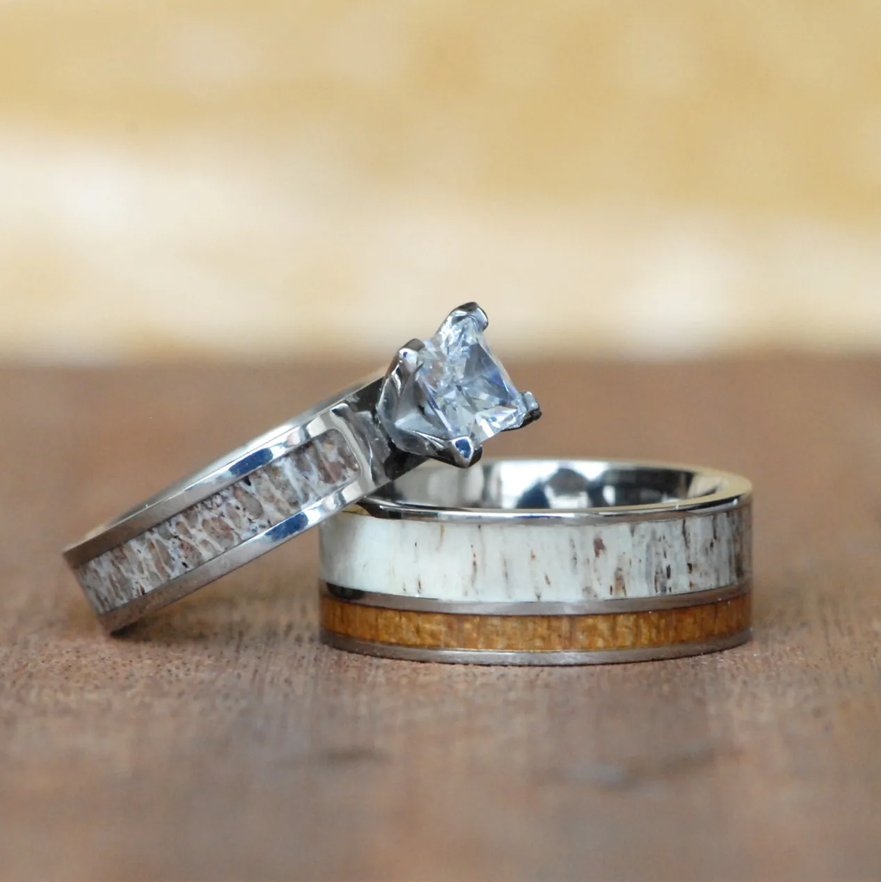 

His and Her's Antler Engagement Wedding Ring Set Men's Koa Antler Wedding Band Women's Princess Diamond Engagement Rings