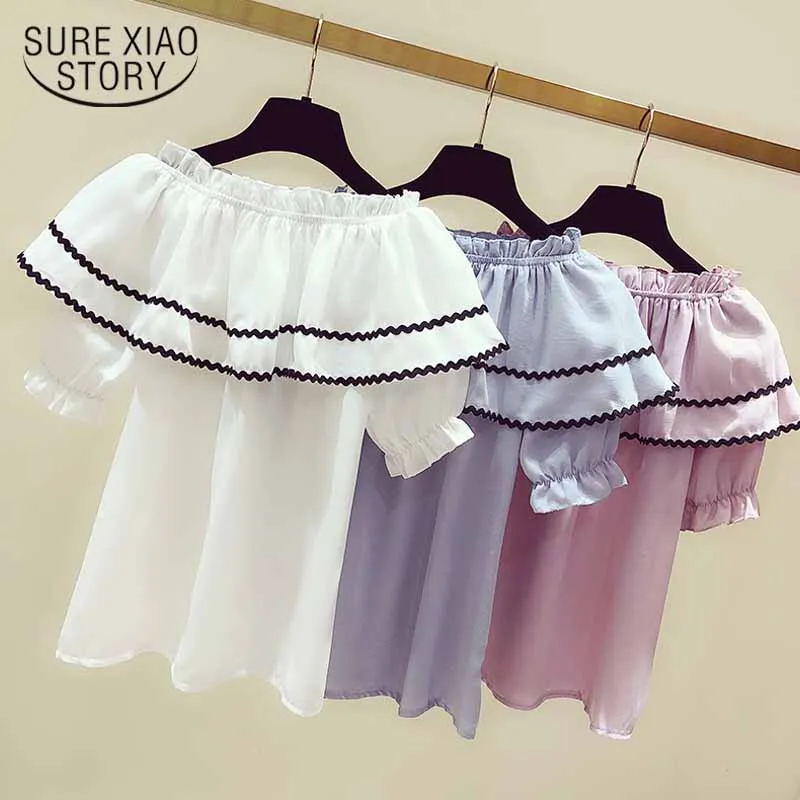 women blouses 2019 short sleeve ruffles chiffon blouse women shirts slash neck off shoulder top womens tops and blouses 5148 50