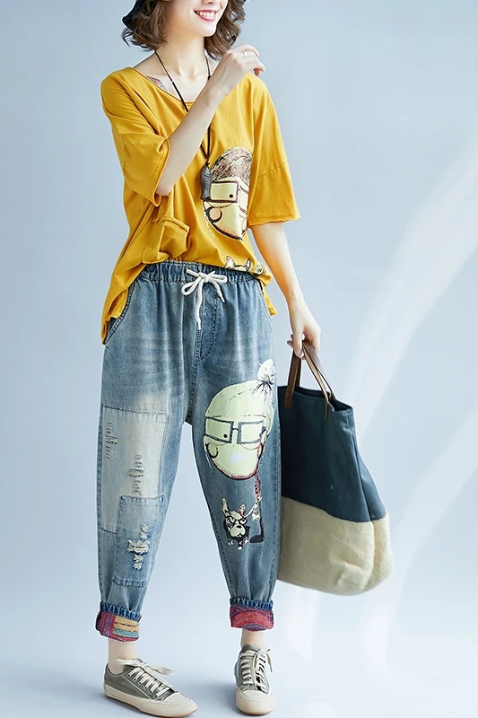 Женские весенне-осенние модные брендовые винтажные джинсы с принтом собачки из мультфильма для маленьких девочек, женские повседневные штаны-шаровары с потертостями