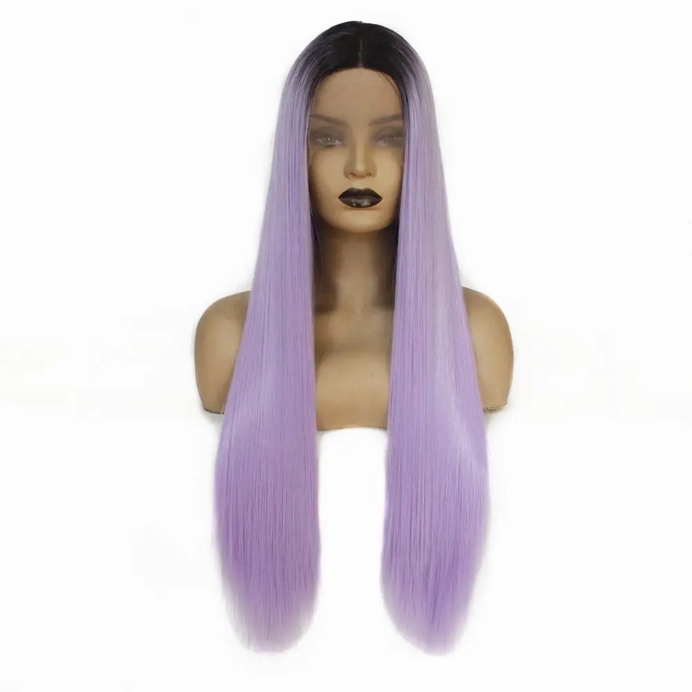 Fashion Ombre Blue Long Silky Straight Hair Heat Resistant Glueless Synthetic Lace Front Wigs for Black Women Middle Part 26inch