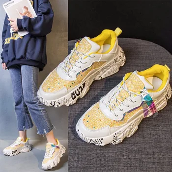 

Women Chunky Shoes 2020 Basket Casual Woman Sequin Ladies Glitter Platform Sneakers Height Increase Vulcanize Dad Shoes