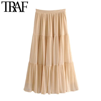 

TRAF Women Chic Fashion Tulle Midi Skirt Vintage High Elastic Waist With Lining Female Skirt Casual Faldas Mujer