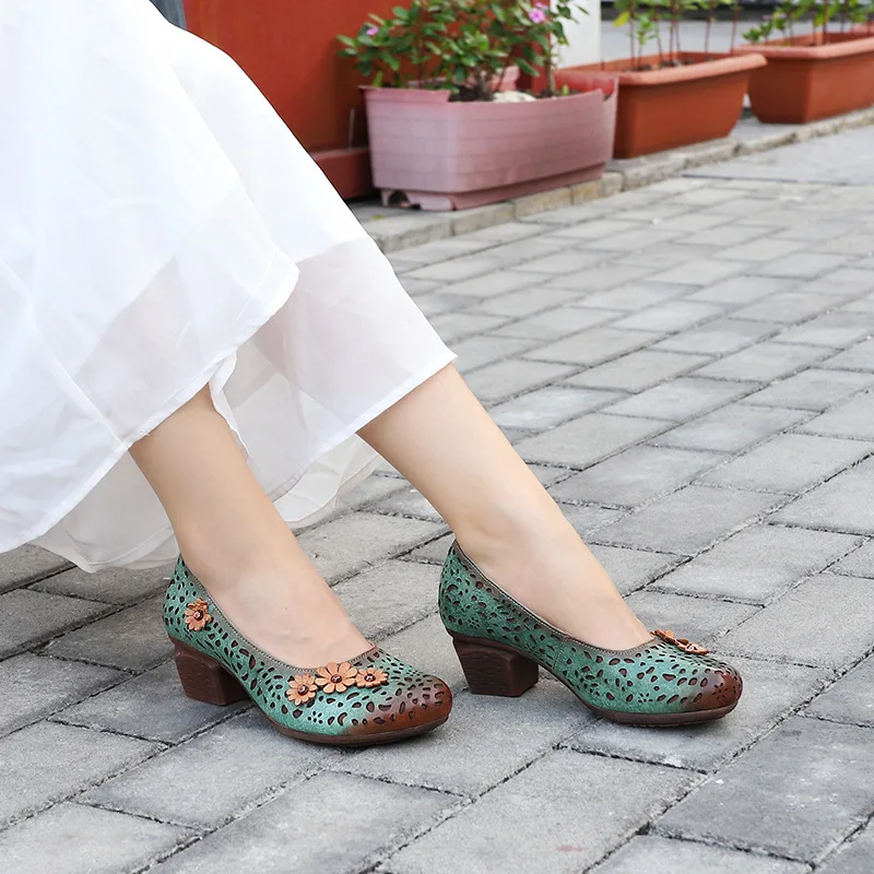 

New Style WOMEN'S Shoes 2020 Ethnic-Style Genuine Leather Semi-high Heeled Shoes Women's Cowhide Anti-slip Hollow out Sandals