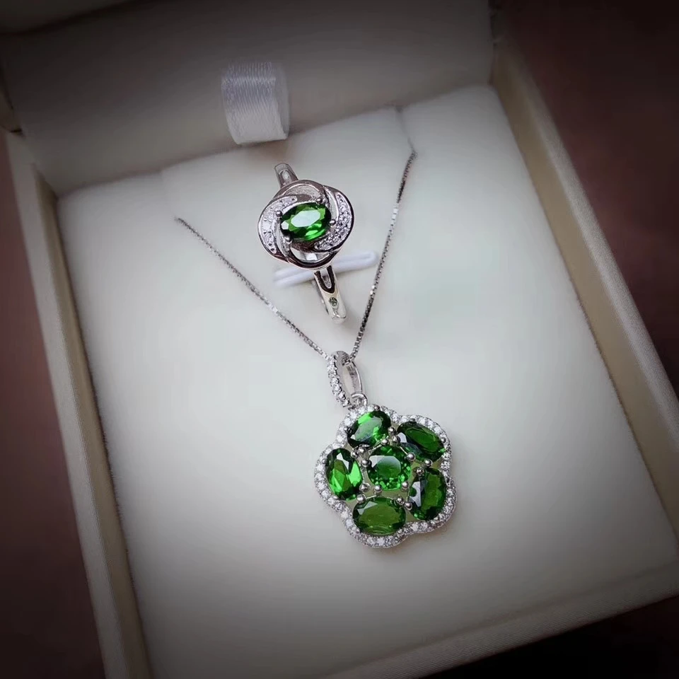 

new charming green diopside gemstone ring necklace jewelry set round natural gem good color cost effective girl birthday gift