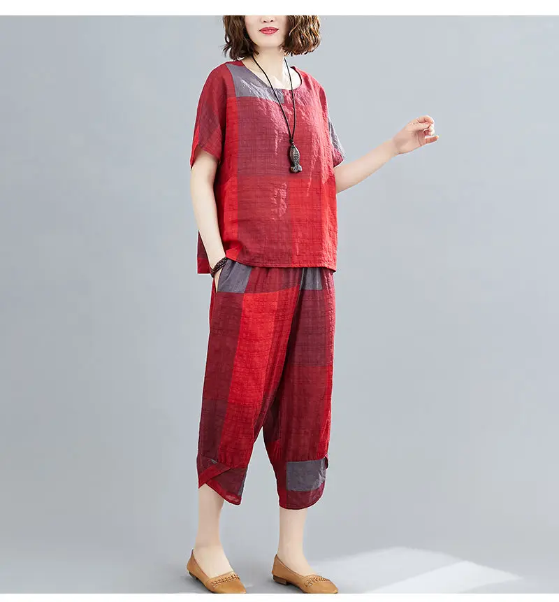 plus size loungewear sets 2022 Summer Women's 2Pcs Plaid Blouse+Pants Lady Holiday Beach Two Pieces Set Casual Loose Tops And Ankle-length Trousers Sets shorts and top set