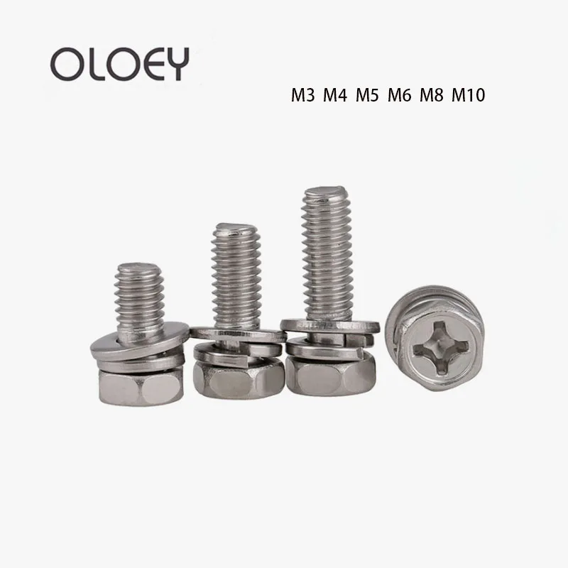 High Quality 1-20PCS M3-M10 304 Cross Recessed Outer Hexagonal Bolt With Flat Washer / Spring Factory Price Free Shipping |