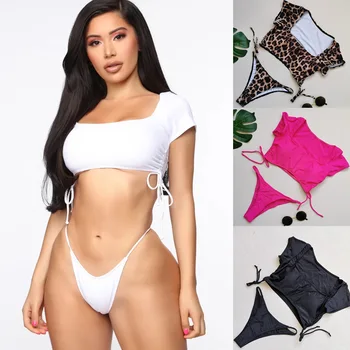 

Pengxiang 2020 half sleeve swimsuit ladies drawstring split bikini bikini solid color swimsuit 2037