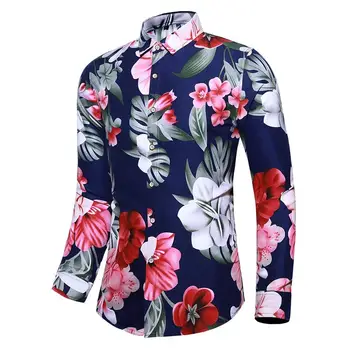 

Casual Dress Men Shirts Turn-down collar Long sleeve Floral Casual Shirt for Men's clothing Blouse Man Black Navy