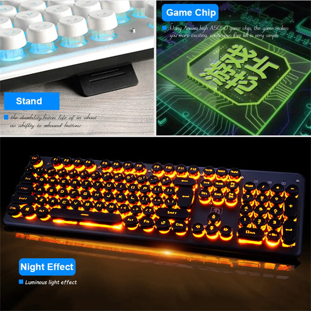 Игровая механическая клавиатура, 104 клавиш, RGB подсветка, Ретро Круглый Светящийся брелок, металлическая панель, USB Проводная Подсветка, водонепроницаемая