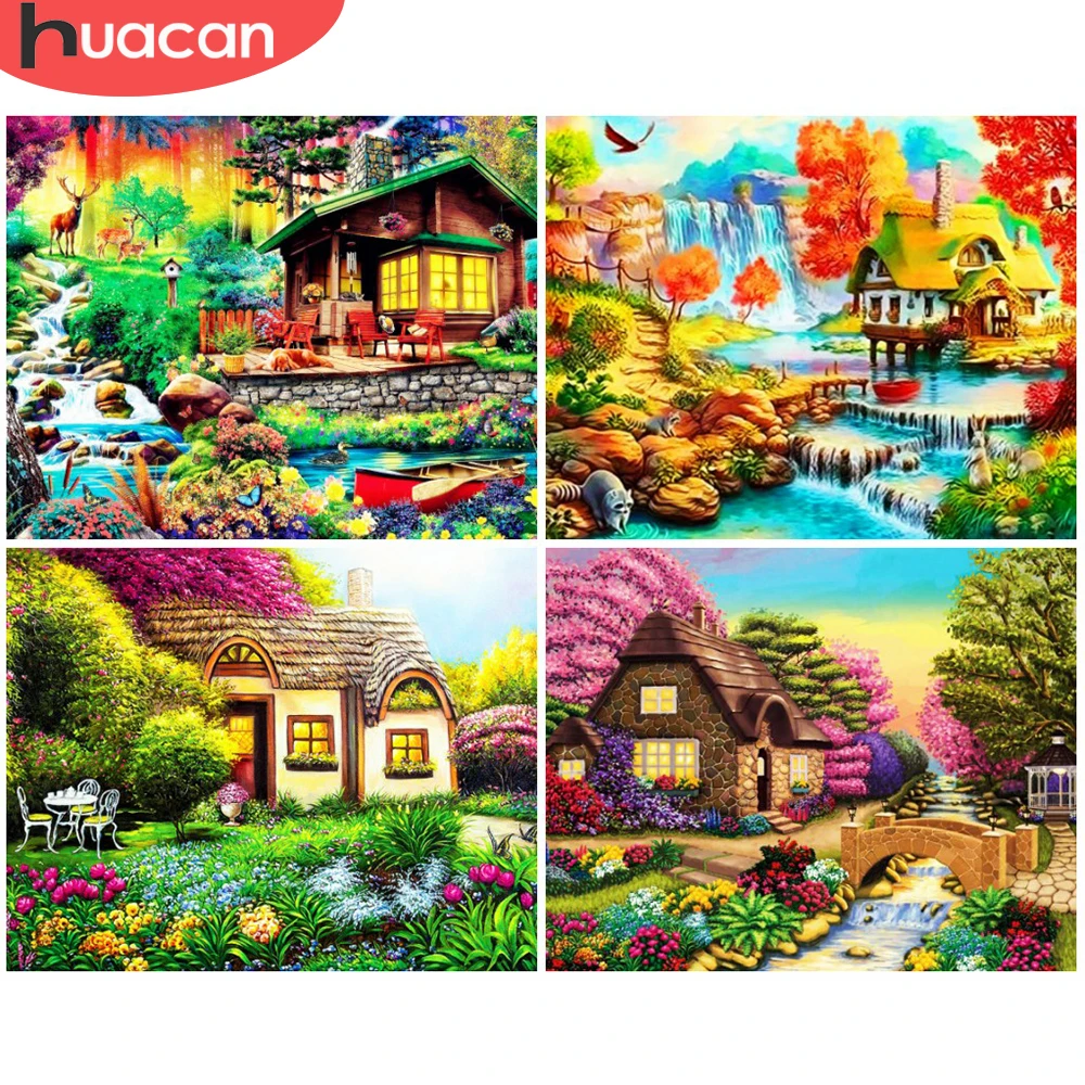 Huacan Diy Frame Paint By Number House Landscape For Adults Picture By
