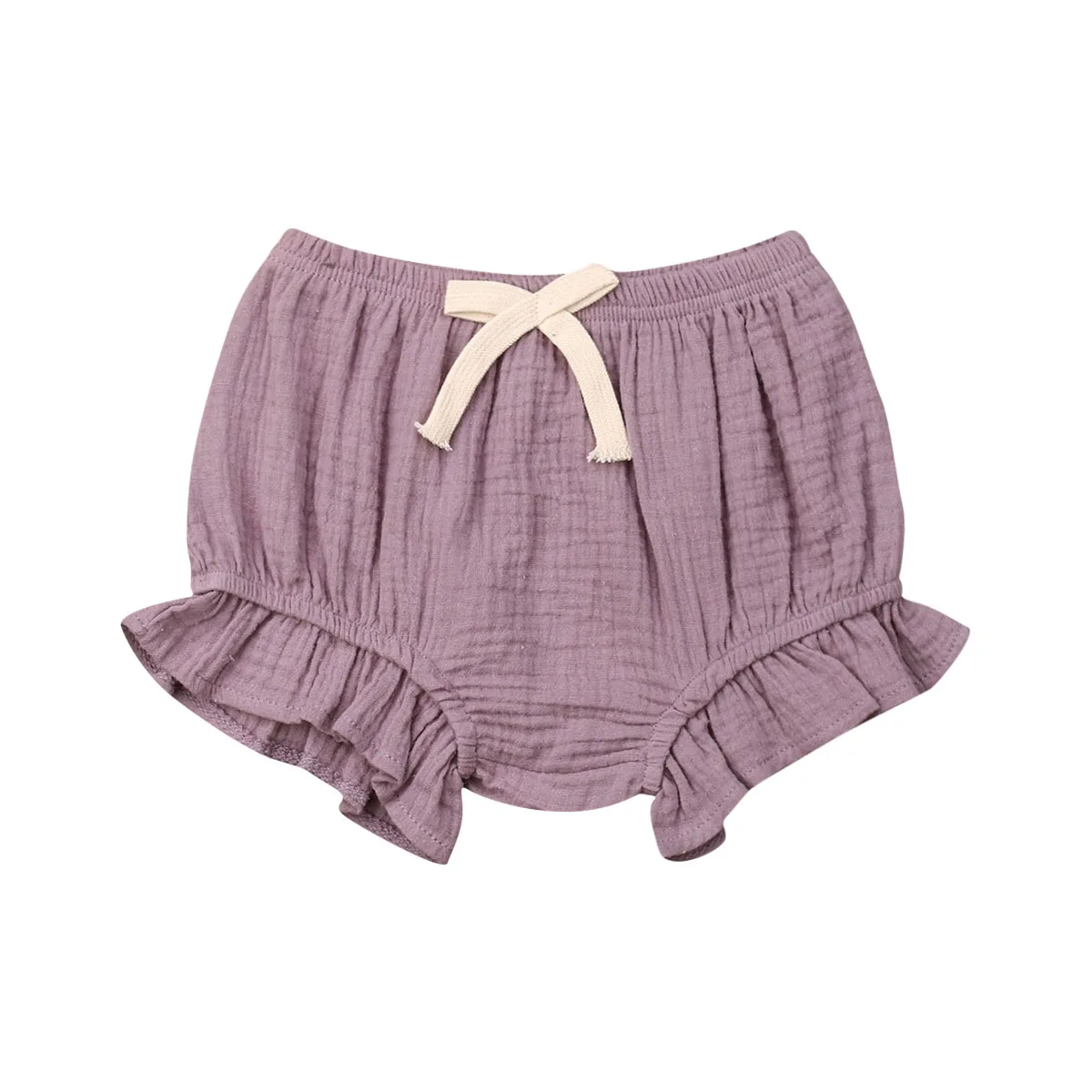Коллекция года, летняя одежда для малышей однотонные шорты для маленьких девочек и мальчиков штаны, гофрированные трусики-шаровары, хлопковые трусики со шнуровкой на возраст от 0 до 24 месяцев - Цвет: Фиолетовый