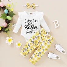 

Cute Baby Girl Clothing Long Sleeved Toddler Bodysuit Broken Flower Trousers 3Pcs Set Spring Baby Girl Fashion Outfit Suit