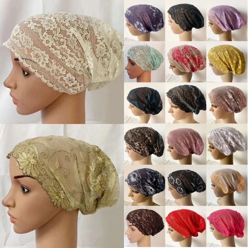 Full Cover Head Inner Cap Flower Lace Muslim Headscarf Islamic Headwear Underscarf Beanie Skullies Indian Hat Women Turban Hijab |