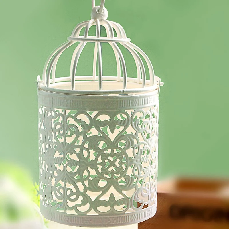 

White Metal Hollow Pattern Candlestick Art Lantern Bird Cage Decoration Morocco Hanging Lanterns Home Decoration Accessories