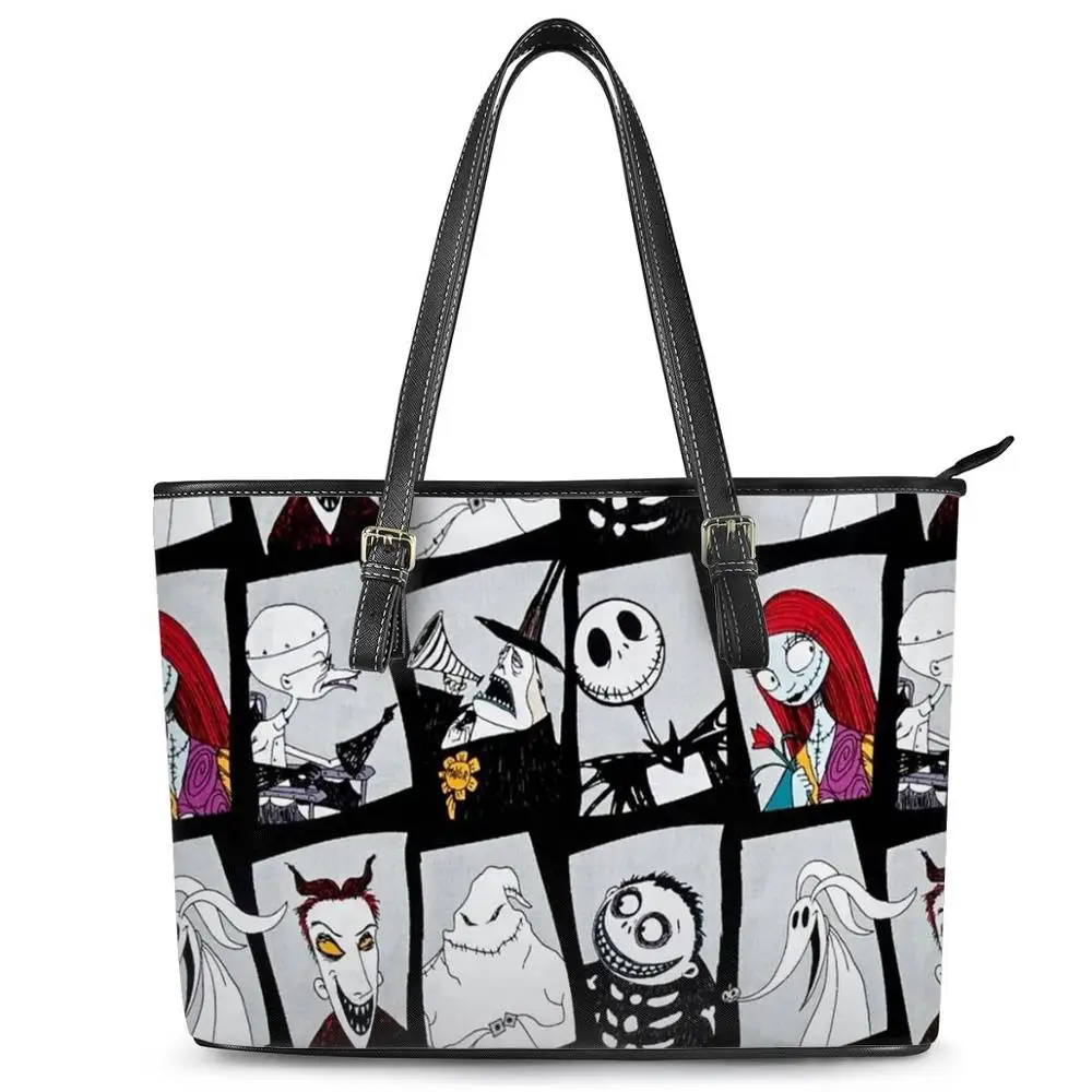 

WHEREISART New Ladies Bags Nightmare Before Christmas Pattern Leather Shoulder Bags for Women Travel Large Capacity Totes