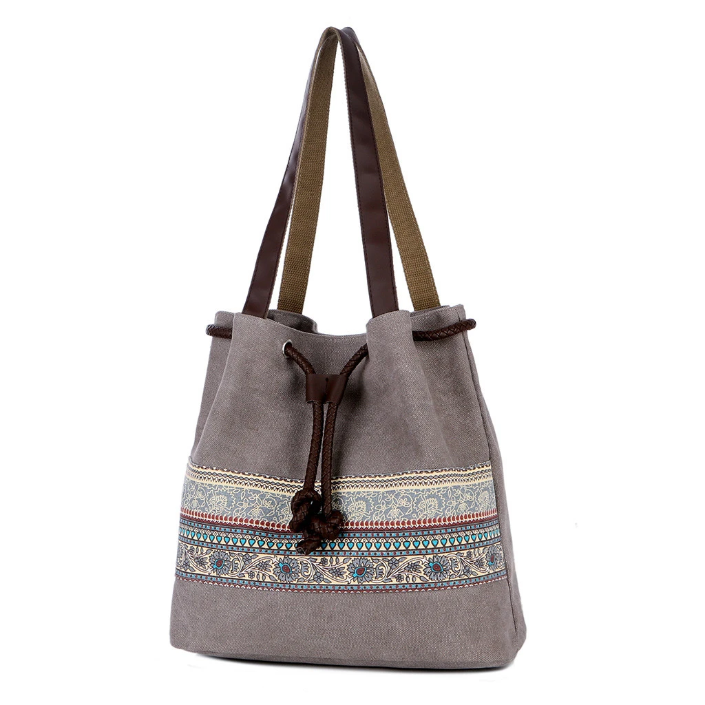 Style Canvas Handbags Women Drawstring Bucket Bag Lady Cheap Shoulder Single Shoulder Shopping Bags Floral Printed Beach Bag 820