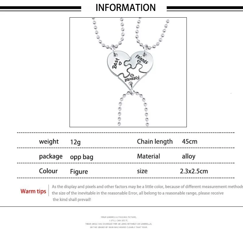 3 шт./компл. Пазл в форме сердца ожерелье лучших друзей для девочек серебро Длинная цепочка Bff навек ювелирные подарки