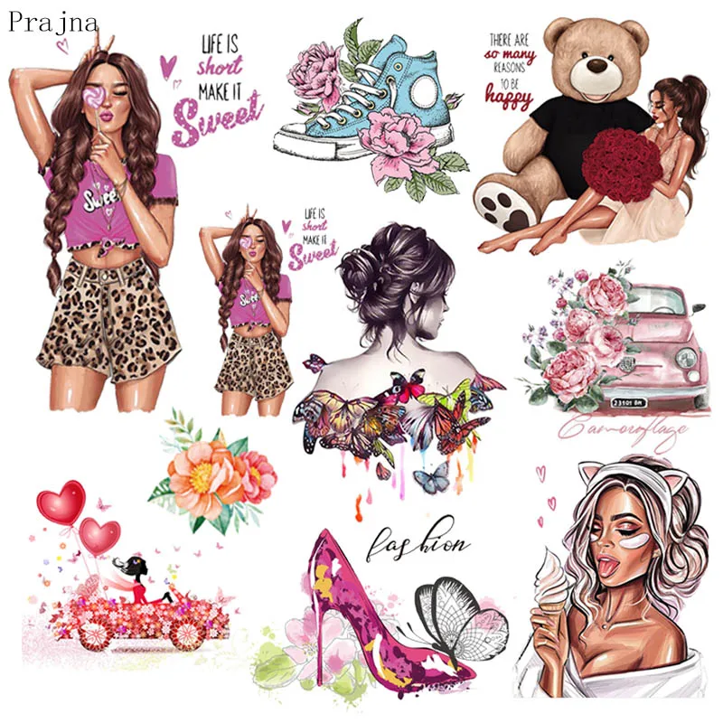

Prajna Sexy Girl Iron On Patch Transfer For Clothing Stripe Heat Transfer Vinyl Butterfly Flower Patch Thermal Sticker Washable