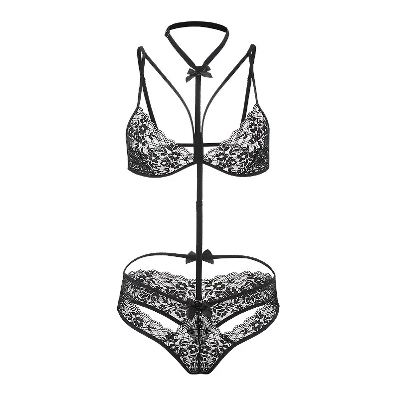 

EYE'S QUEEN Sexy bra and panties set gather embroidery lace mesh lingerie Sexy transparent Perspective Bikini Three-point Exotic