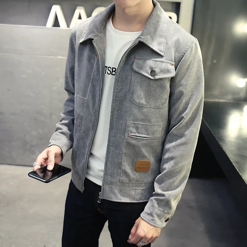 

2019 Autumn Hot Corduroy Jackets Men Long Sleeve Turn Down Collar Slim Solid Bomber Jacket Gray Black Outwear Coats