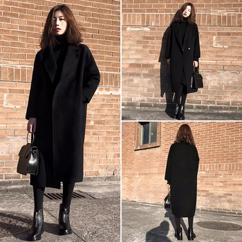 

Vintage long Covered Button Winter Coat Women Elegant black loose woolen coats 2019 modis new arrival jacket Plus size