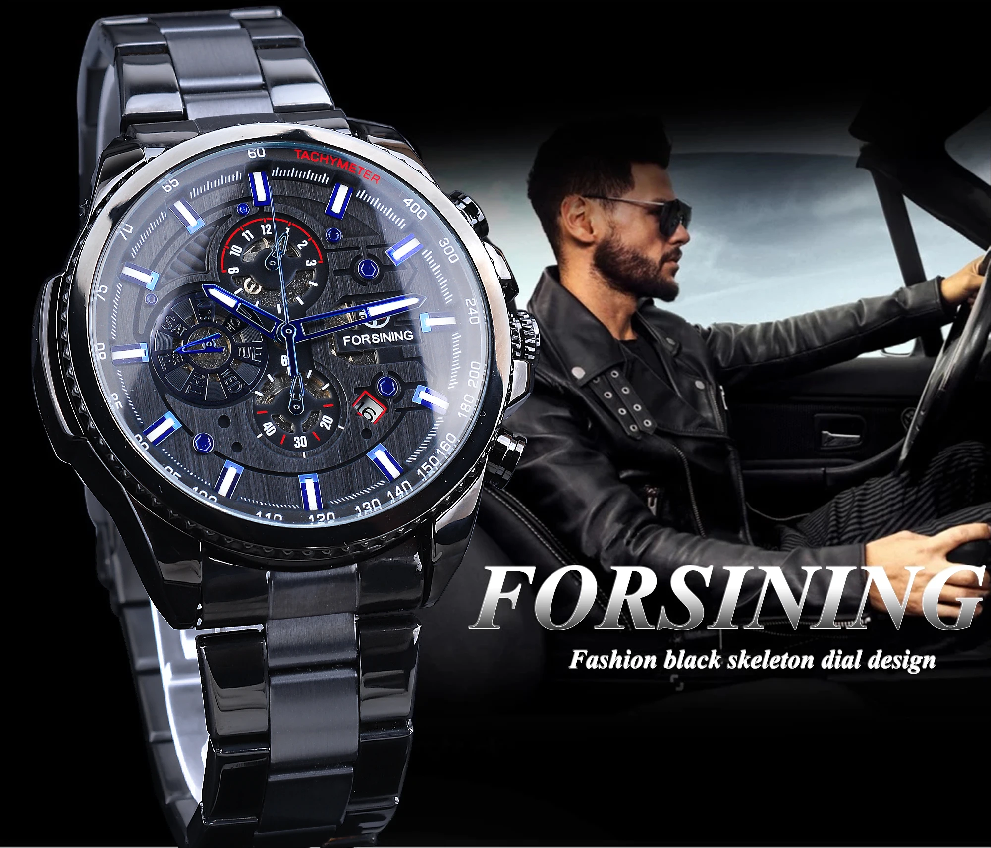 Forsining Orologio da polso meccanico impermeabile da uomo con 3 quadranti, stile sportivo, automatico, da uomo, per esterni, in acciaio, con calendario nero._voghion.com
