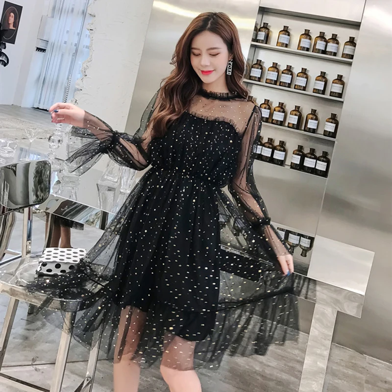 

Spring and autumn new style Korean version of temperament mesh long elastic waist dress