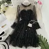 HISUMA 2022 Autumn New Women's Chic Star Sequins Gauze Lace-Up Bling Fairy Dress Female Elegant O-Neck Mesh A-Line Dresses ► Photo 1/6